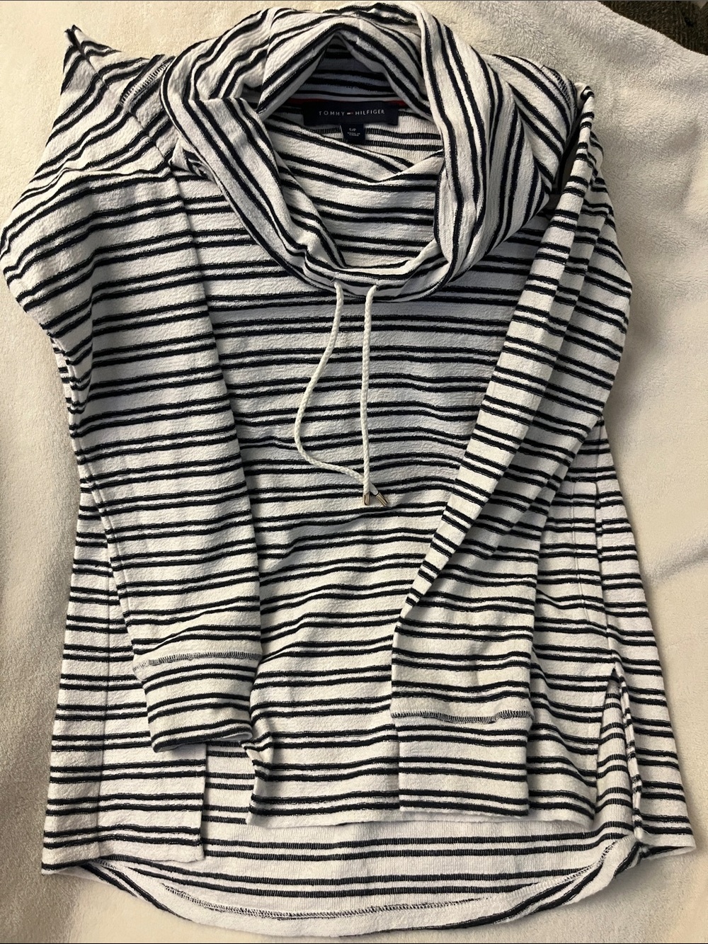 Tommy Hilfiger White and navy fleece Striped Cowl Neck Sweater
